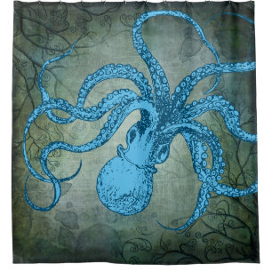 Cortina De Ducha Octopus sabroso vintage (azul)