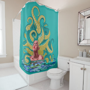 Cortina De Ducha Octopus Woman Shower Curte Tentacles de oro