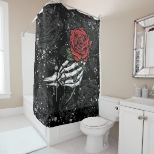 Cortina De Ducha Ofrenda de Rosa Esqueleto Plateada Glam Gótico Neg