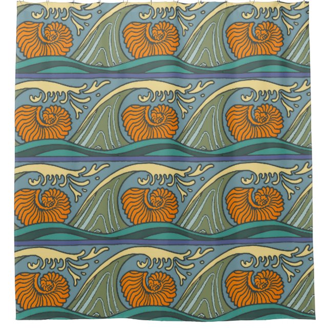 Cortina De Ducha Olas del océano azul Nautilus Seashell Pattern Nou (Anverso)