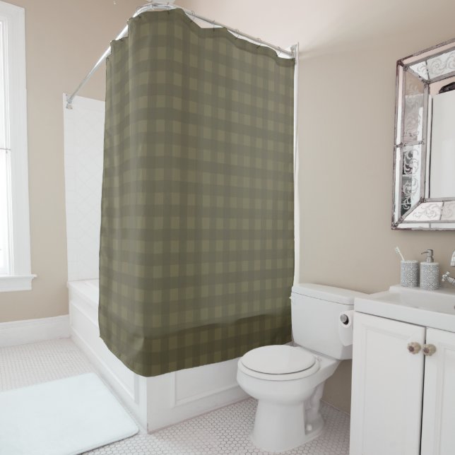 Cortina De Ducha Olive and Sage Green Gingham Plaid Pattered (In situ)