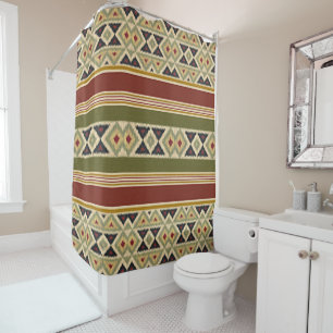 Cortina De Ducha Olive Green Mustard Ochre Yellow Tribal Ikat Art