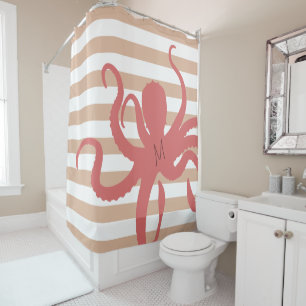 Cortina De Ducha Opulpo rojo playa moderna arena blanca rayada