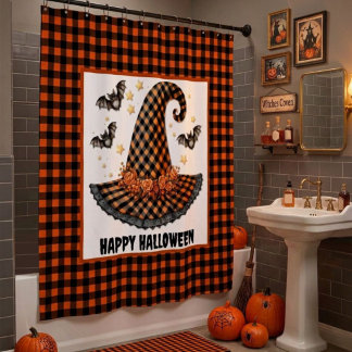 Cortina De Ducha Orange & Black Gingham Halloween Witch Hat & Bats