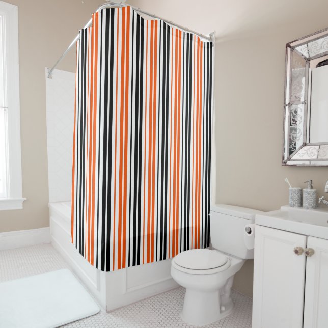 Cortina De Ducha Orange Black White Stripes Pattern Design  (In situ)