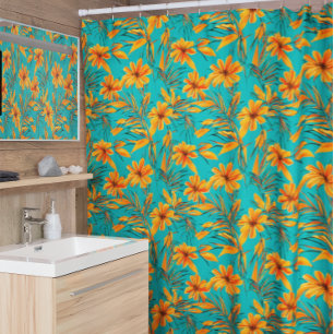 Cortina De Ducha Orange Floral Tropical Pattern Turquoise