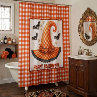 Cortina De Ducha Orange Gingham Halloween Witch Hat & Bats