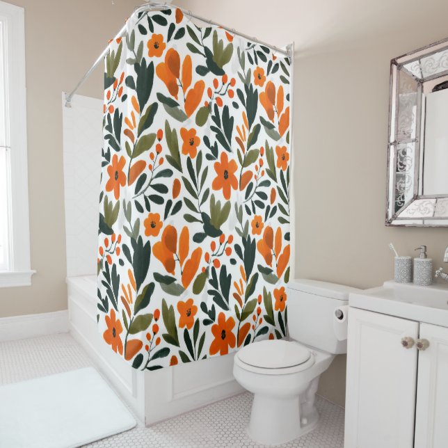 Cortina De Ducha Orange Spring Flowers Pattern Floral Elegant (In situ)