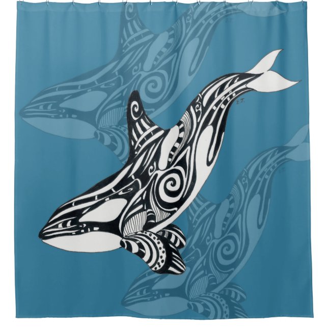 Cortina De Ducha Orca Killer Whale Tlingit Indigo Blue ink (Anverso)