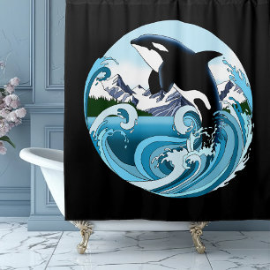 Cortina De Ducha Orca Majestuosa Ballena Asesina Olas Azules Océano