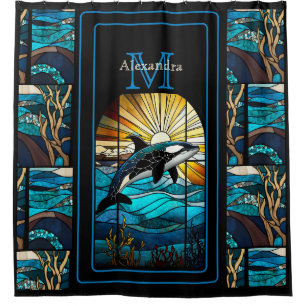 Cortina De Ducha Orka Whale Stain Glass Blues Black Modern Beach