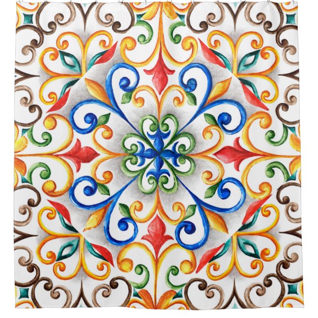 Cortina De Ducha Ornamento acuarela de mayólica (Anverso)