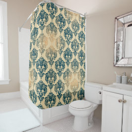 Cortina De Ducha Oro & Azul Vintage Glam Moderno Rústico Damask