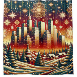 Cortina De Ducha "Oro rojo nevado y paisaje verde de los Navidades"