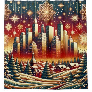 Cortina De Ducha "Oro rojo nevado y paisaje verde de los Navidades"