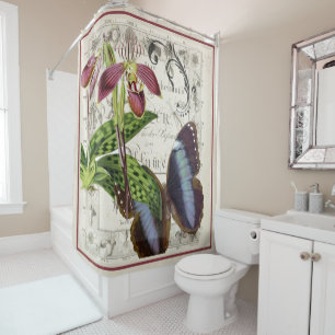 Cortina De Ducha Orquídea y mariposa botánica vintage