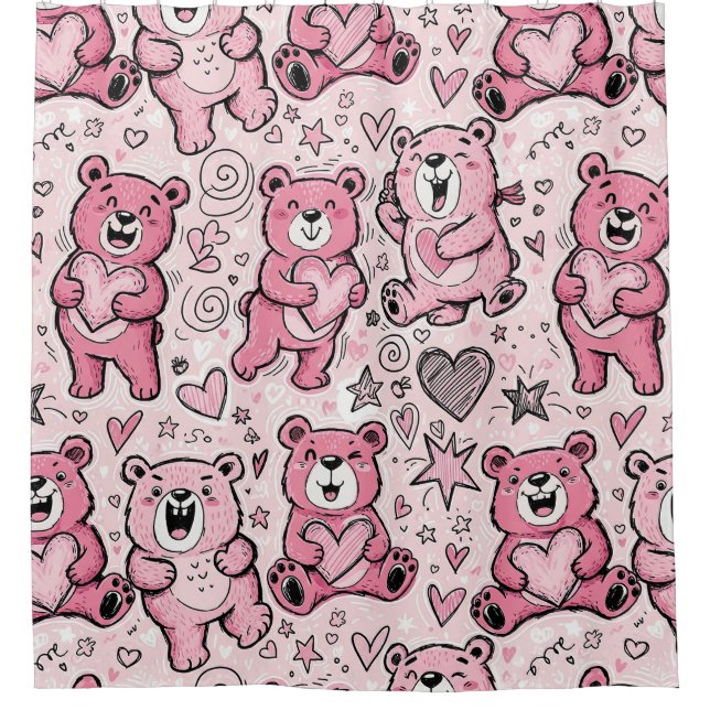 Cortina De Ducha Osito Kawaii Rosa Patrón (Anverso)