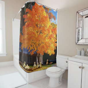 Cortina De Ducha otoño árbol naranja feliz patos cabaña bosque atar