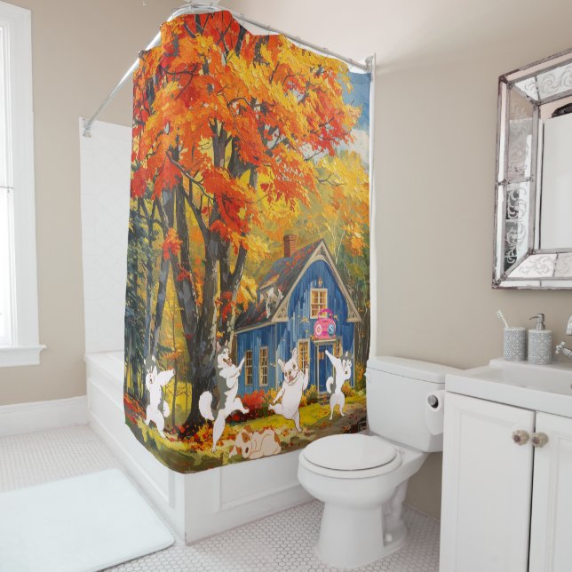 Cortina De Ducha otoño naranja árbol feliz perros cabaña bosque ata (In situ)