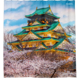 Cortina De Ducha Pagoda De Jardín Japonés Y Sakura En Osaka, Jap