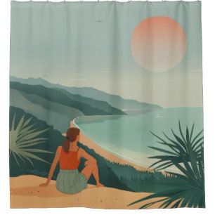 Cortina De Ducha Paisaje Boho Terracota Sabio Costero Atardecer en