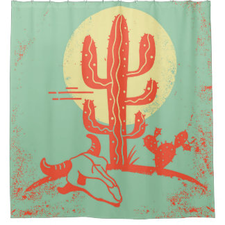Cortina De Ducha Paisaje del desierto con Cactus y cráneo de vaca.
