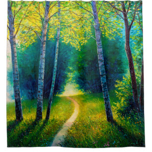 Cortina De Ducha Paisaje forestal de pintura petrolera, hermosa vía