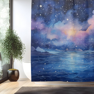 Cortina De Ducha Paisaje marino celestial surrealista con acuarela
