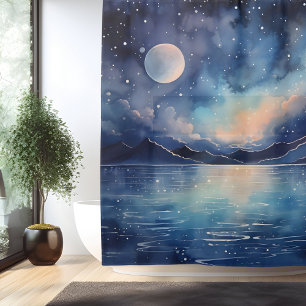 Cortina De Ducha Paisaje marino celestial surrealista de acuarela