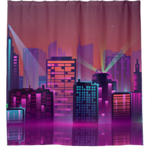 Cortina De Ducha Paisaje nocturno colorido y brillante. ilustracion