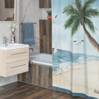 Cortina De Ducha Paisaje playero con velero acuático baño