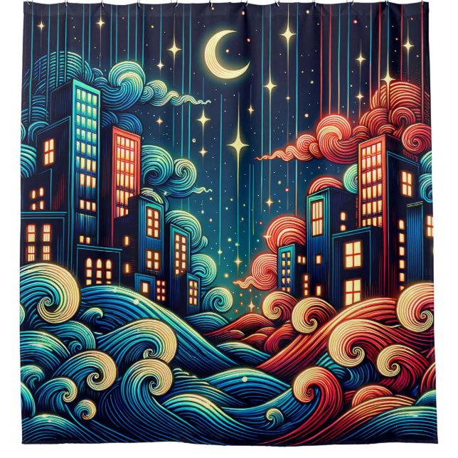 Cortina De Ducha "Paisaje urbano celeste con ondas extravagantes" (Anverso)