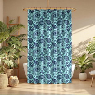 Cortina De Ducha Paisley azul vintage sobre verde menta