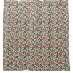 Cortina De Ducha Paisley vintage en crema Verde azulada roja