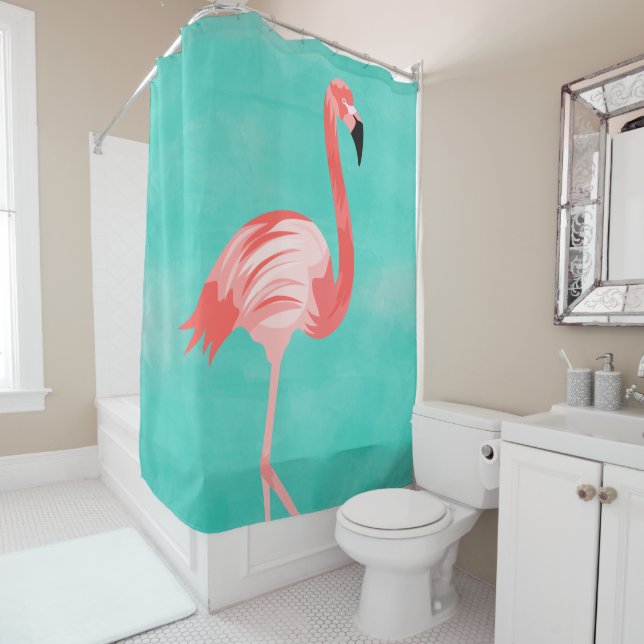 Cortina De Ducha Pájaro Flamingo Rosa en fondo turquesa (In situ)