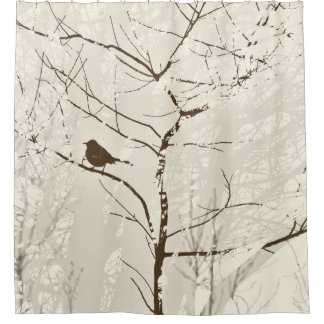 Cortina De Ducha Pájaro marrón y almendra en neutra gráfico de árbo