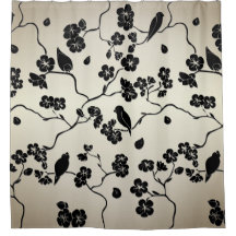 Pájaros y flores de cerezo con patrón negro sobre