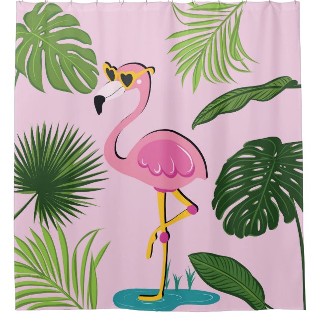 Cortina De Ducha Palm Flamingo deja diseño tropical (Anverso)