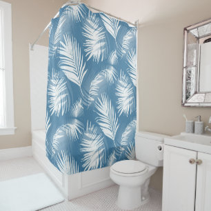 Cortina De Ducha Palm Leaves Diseño Blanco Azul 272