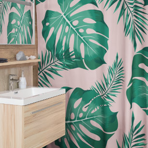 Cortina De Ducha Palm rosa y verde tropical deja un patrón sin mar
