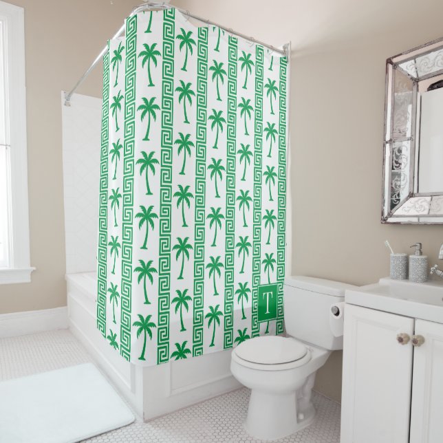 Cortina De Ducha Palm Tree Greek Key Stripe – Green Coastal Preppy (In situ)
