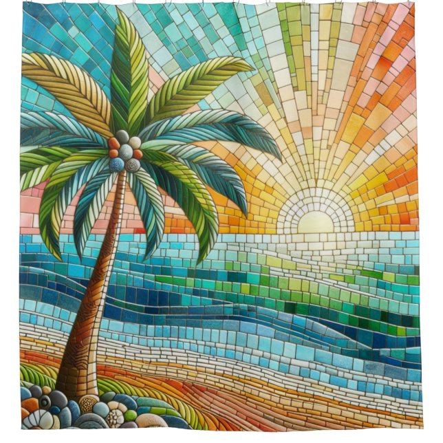 Cortina De Ducha Palm Tree Mosaic Tropical Beach Sunset (Anverso)