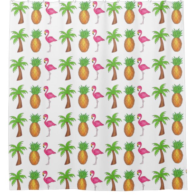 Cortina De Ducha Palm Tree Pineapple Pink Flamingo (Anverso)