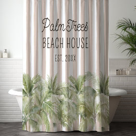 Cortina De Ducha Palm Trees Tropicales Beige Stripes Beach House