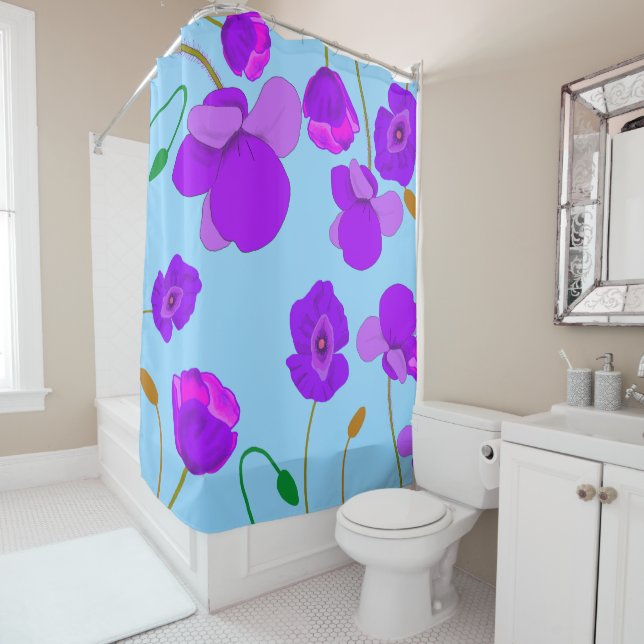 Cortina De Ducha Papaver Poppy Lilac sobre fondo pálido-azul (In situ)