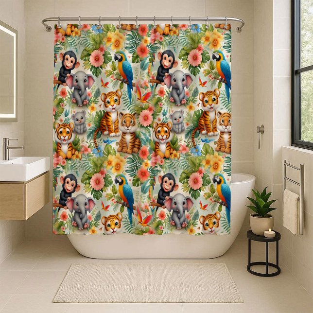 Cortina de Ducha para Niños Animales de la Jungla  (Baby Jungle Animals Tropical Kids Shower Curtain)
