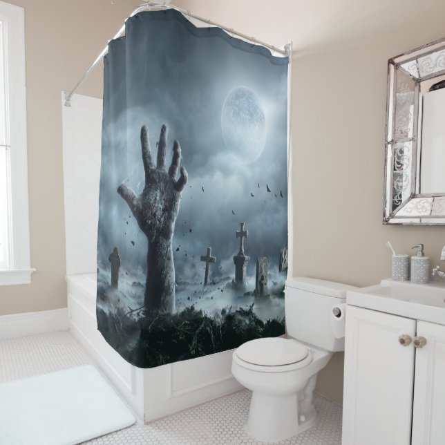 Cortina de ducha para zombis de Halloween (In situ)