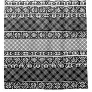 Cortina De Ducha Parches de rayas blancas y negras con encaje