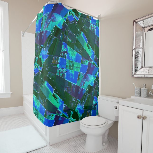 Cortina De Ducha Partes de pasteles verdes abstractas y cielo azul, (In situ)