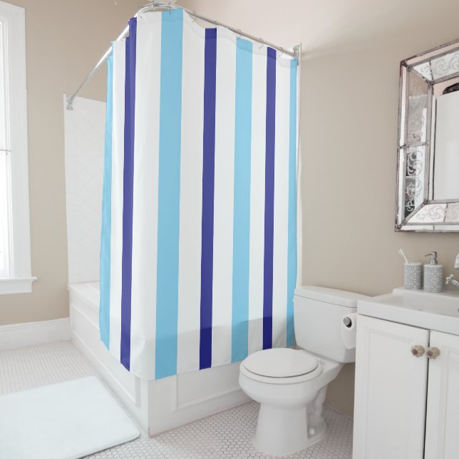 Cortina De Ducha Pastel Blue Deep Blue White Summer Stripes (In situ)
